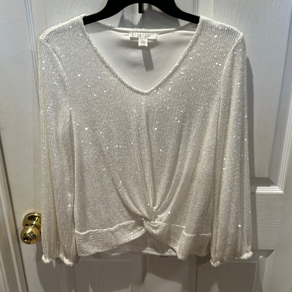SPENSE white sequin formal sequin long sleeve blouse top-petite PS/PP/PCH.